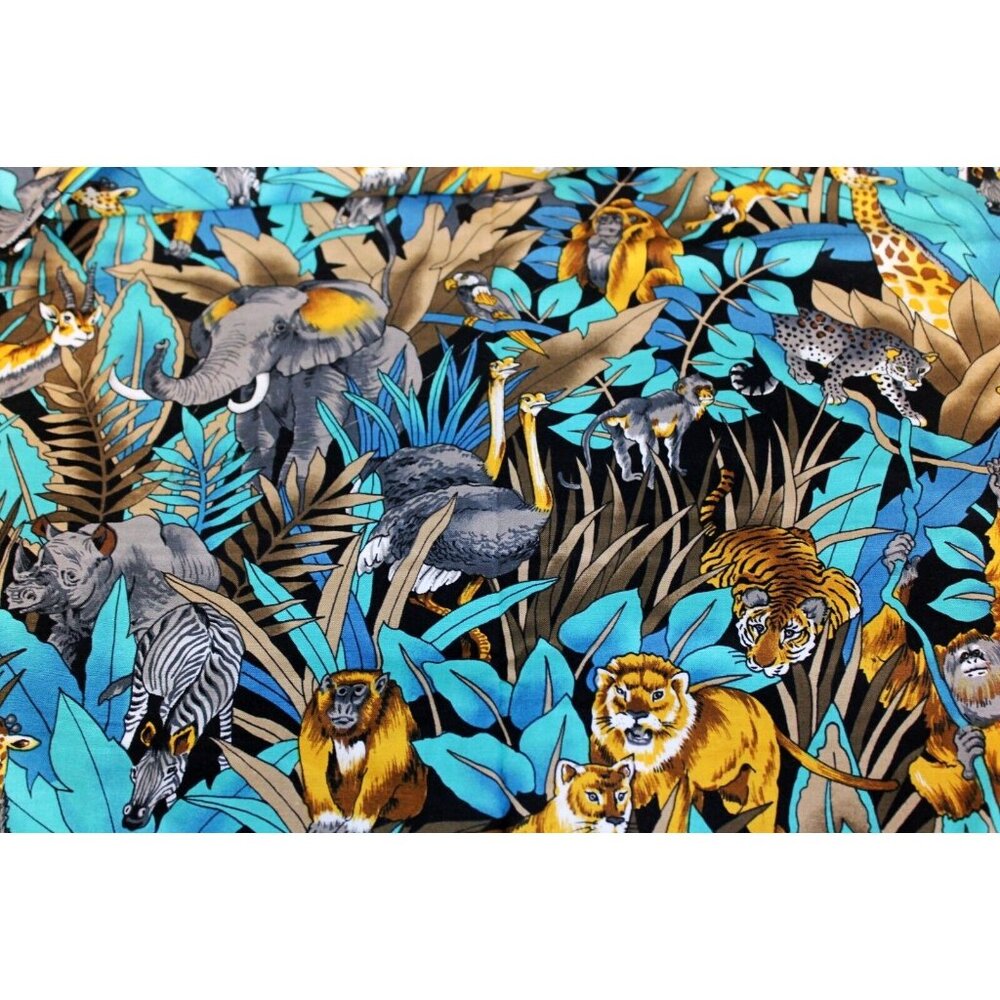 Safari Jungle Forest Animal Plant Print Fabric Giraffe Monkey Elephant Lion Bird
